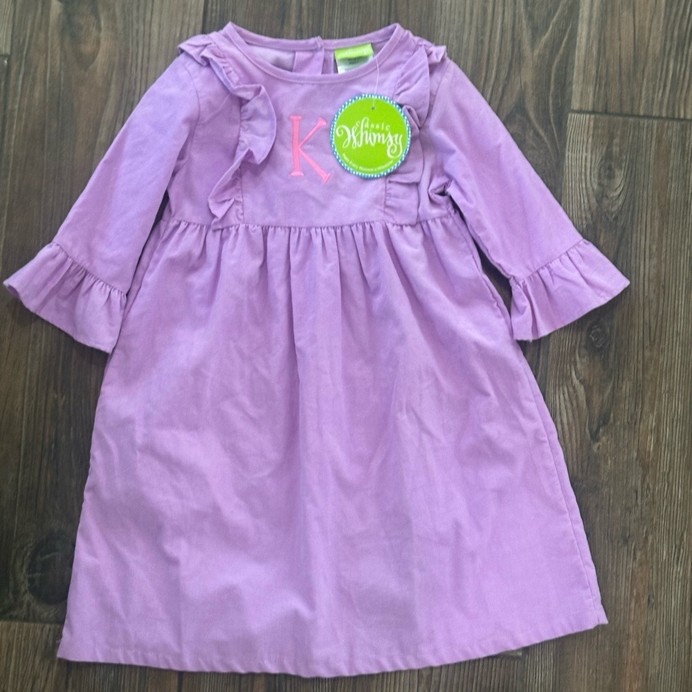 Girls Lilac Purple Smocked Ruffle-Trim Long Sleeve Dress K Monogram Embroidered - Picture 2 of 10